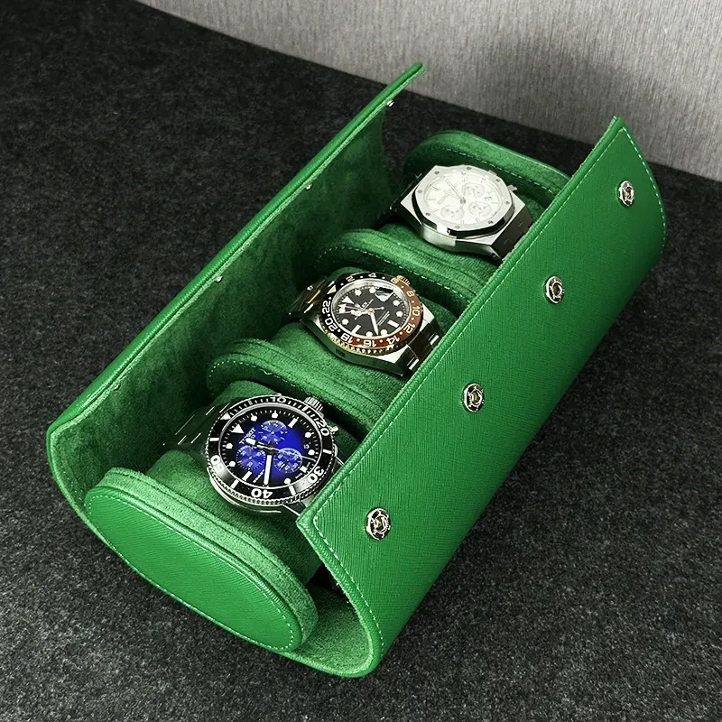 3 Slots Premium Quality Imported Green Leather Travel Watch Box